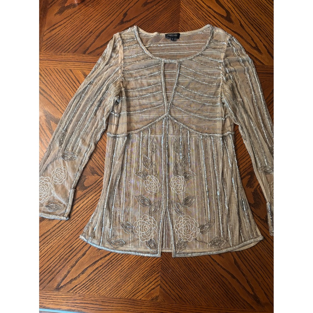Pomodoro Silver Beaded Sequin Sheer Mesh Floral Tunic Top Nude Tan Womens 14